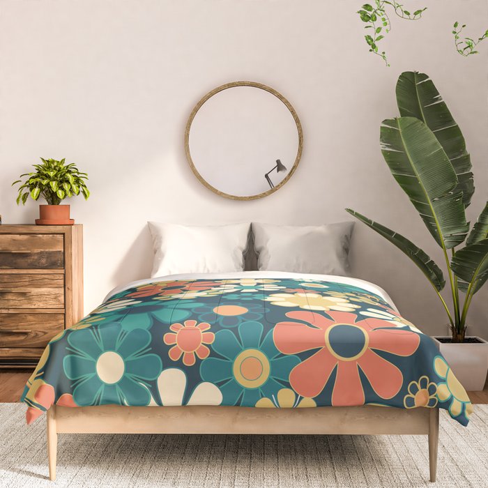 Pretty Groovy Retro Garden 60s 70s Aesthetic Floral Pattern Blue Orange Mustard Teal Comforter Gallery Image 3