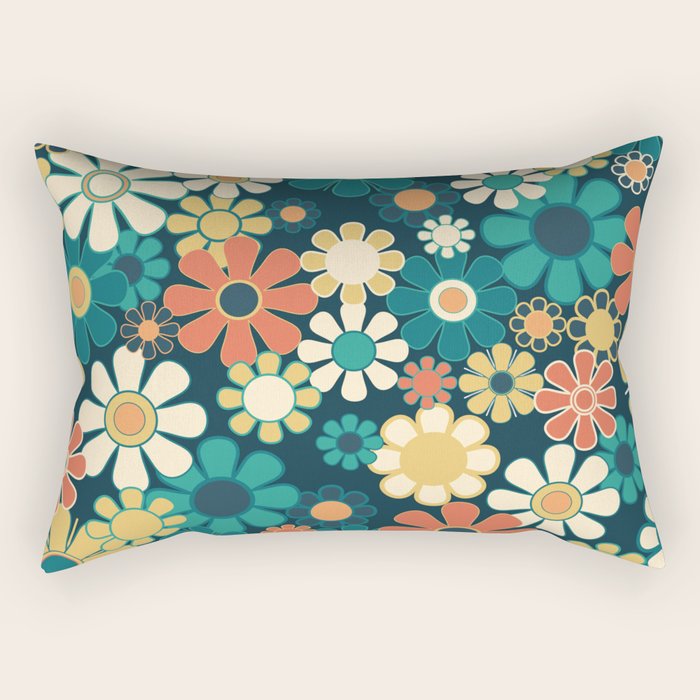 Pretty Groovy Retro Garden 60s 70s Aesthetic Floral Pattern Blue Orange Mustard Teal Rectangular Pillow Gallery Image 1
