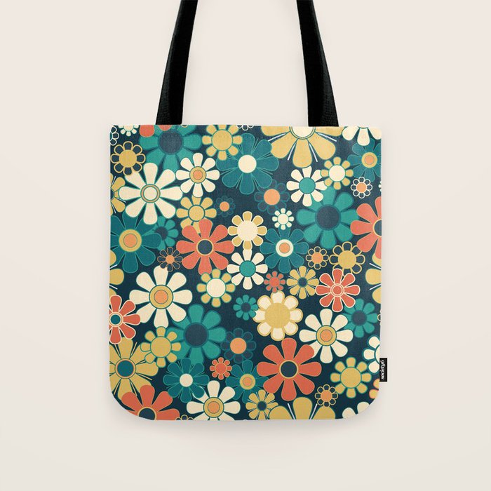 Pretty Groovy Retro Garden 60s 70s Aesthetic Floral Pattern Blue Orange Mustard Teal Tote Bag Gallery Image 1