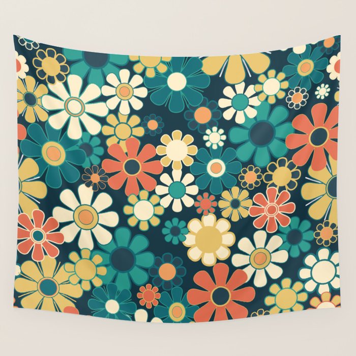 Pretty Groovy Retro Garden 60s 70s Aesthetic Floral Pattern Blue Orange Mustard Teal Wall Tapestry Gallery Image 4