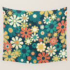 Pretty Groovy Retro Garden 60s 70s Aesthetic Floral Pattern Blue Orange Mustard Teal Wall Tapestry Gallery Image 4