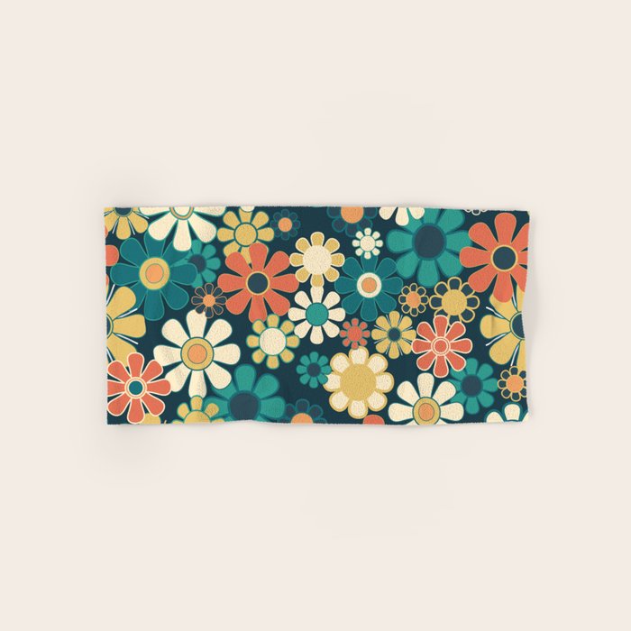 Pretty Groovy Retro Garden 60s 70s Aesthetic Floral Pattern Blue Orange Mustard Teal Bath Towel Gallery Image 1