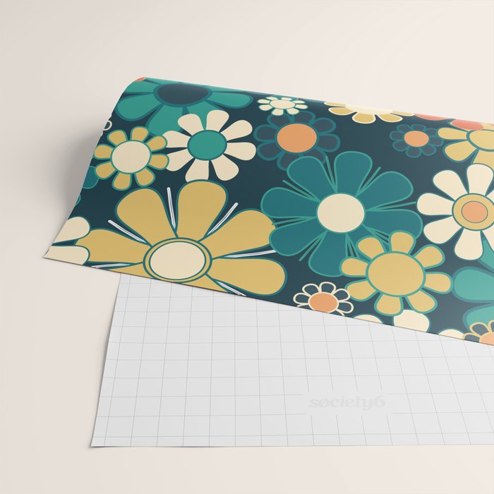 Pretty Groovy Retro Garden 60s 70s Aesthetic Floral Pattern Blue Orange Mustard Teal Wrapping Paper Gallery Image 2
