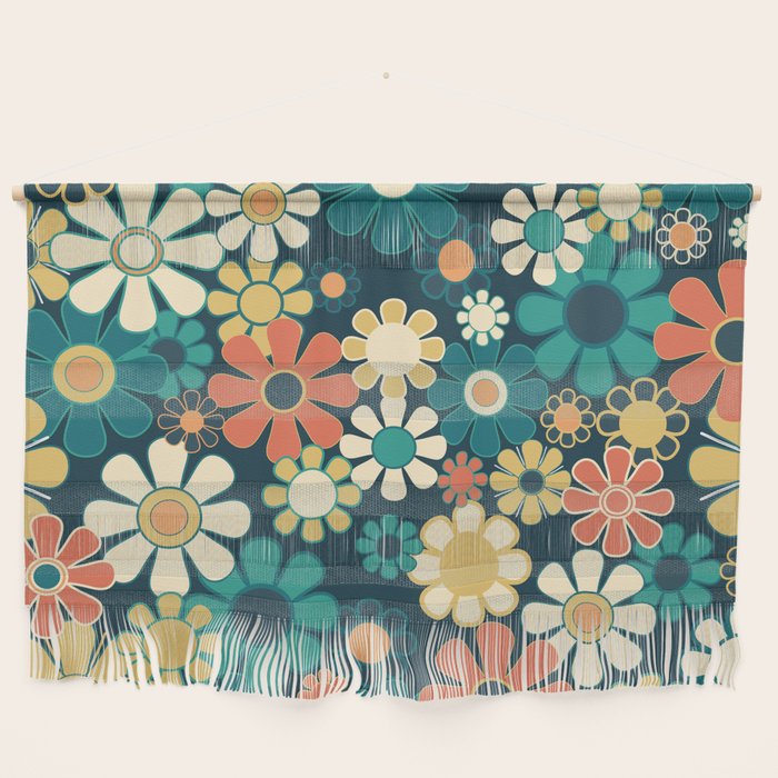 Pretty Groovy Retro Garden 60s 70s Aesthetic Floral Pattern Blue Orange Mustard Teal Wall Hanging Gallery Image 1