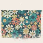 Pretty Groovy Retro Garden 60s 70s Aesthetic Floral Pattern Blue Orange Mustard Teal Wall Hanging Gallery Image 1