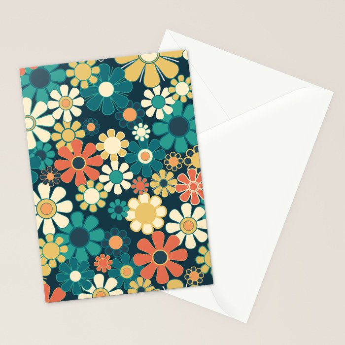Pretty Groovy Retro Garden 60s 70s Aesthetic Floral Pattern Blue Orange Mustard Teal Stationery Card Gallery Image 2