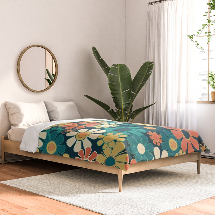 Pretty Groovy Retro Garden 60s 70s Aesthetic Floral Pattern Blue Orange Mustard Teal Comforter Gallery Image 2