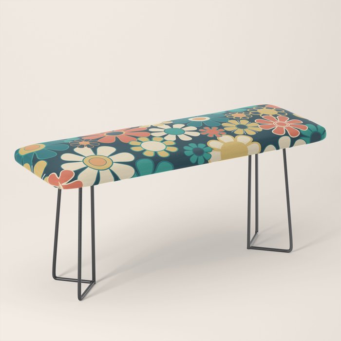 Pretty Groovy Retro Garden 60s 70s Aesthetic Floral Pattern Blue Orange Mustard Teal Bench Gallery Image 1