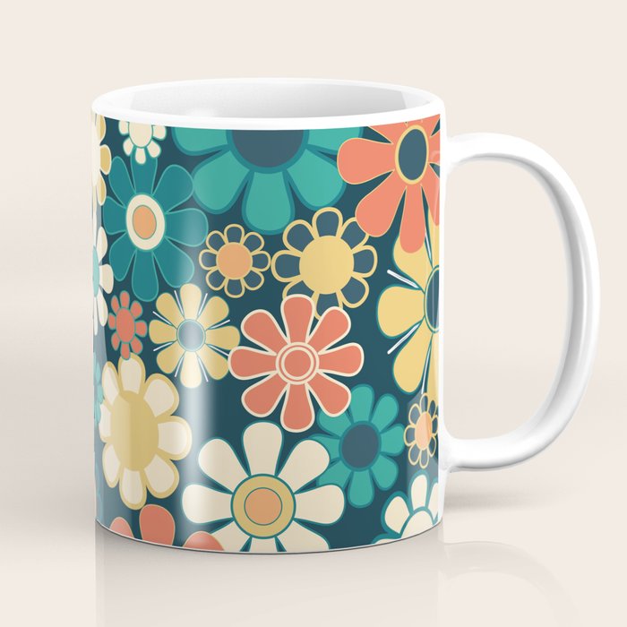 Pretty Groovy Retro Garden 60s 70s Aesthetic Floral Pattern Blue Orange Mustard Teal Coffee Mug Gallery Image 1