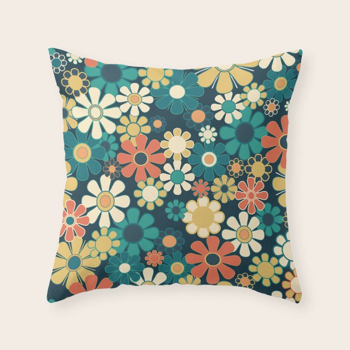 Pretty Groovy Retro Garden 60s 70s Aesthetic Floral Pattern Blue Orange Mustard Teal Throw Pillow Gallery Image 1