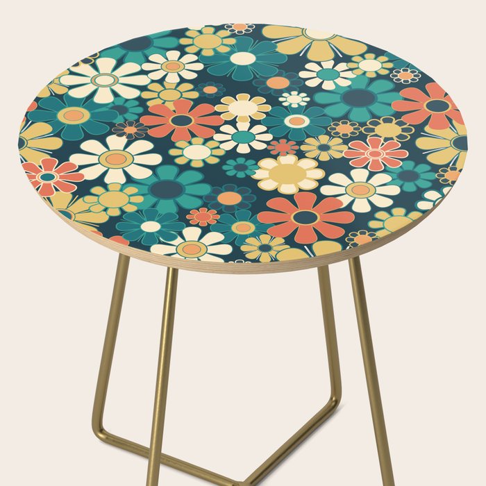 Pretty Groovy Retro Garden 60s 70s Aesthetic Floral Pattern Blue Orange Mustard Teal Side Table Gallery Image 2