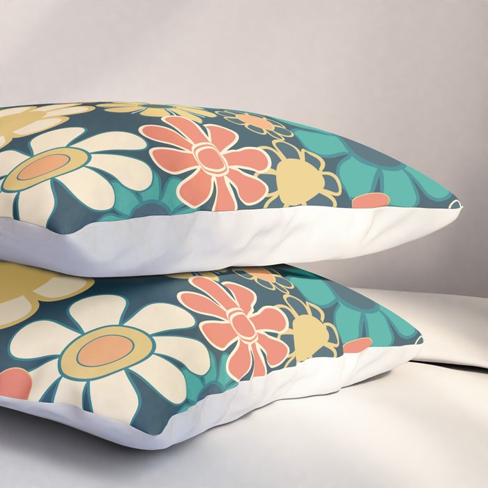 Pretty Groovy Retro Garden 60s 70s Aesthetic Floral Pattern Blue Orange Mustard Teal Pillow Sham Gallery Image 3