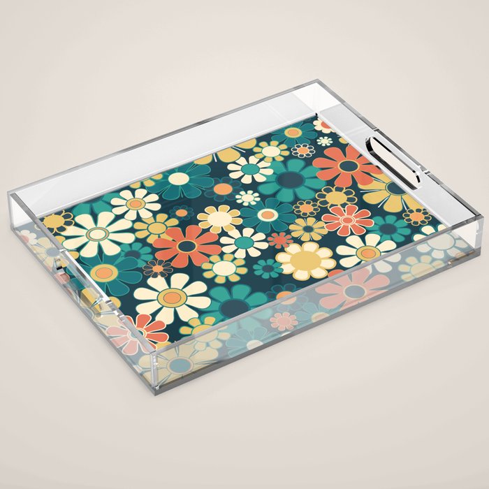 Pretty Groovy Retro Garden 60s 70s Aesthetic Floral Pattern Blue Orange Mustard Teal Acrylic Tray Gallery Image 1