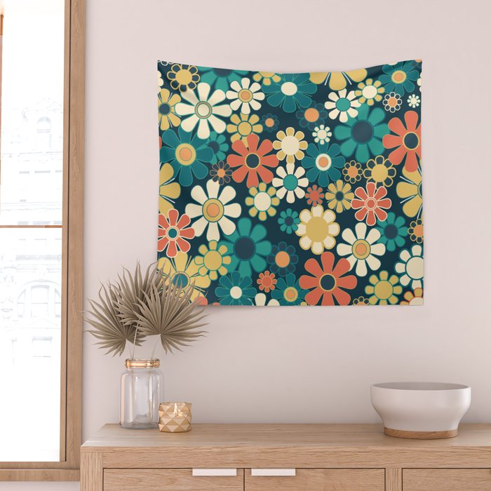 Pretty Groovy Retro Garden 60s 70s Aesthetic Floral Pattern Blue Orange Mustard Teal Wall Tapestry Gallery Image 2