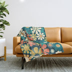 Pretty Groovy Retro Garden 60s 70s Aesthetic Floral Pattern Blue Orange Mustard Teal Throw Blanket Gallery Image 1