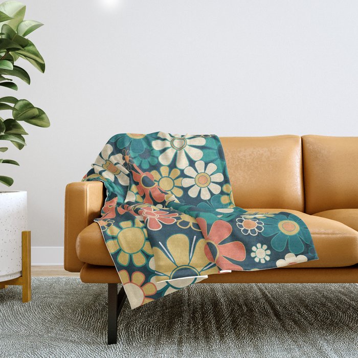 Pretty Groovy Retro Garden 60s 70s Aesthetic Floral Pattern Blue Orange Mustard Teal Throw Blanket Gallery Image 1