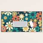 Pretty Groovy Retro Garden 60s 70s Aesthetic Floral Pattern Blue Orange Mustard Teal Desk Mat Gallery Image 1