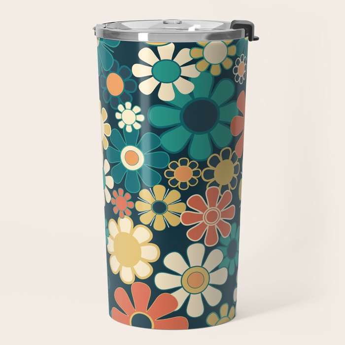 Pretty Groovy Retro Garden 60s 70s Aesthetic Floral Pattern Blue Orange Mustard Teal Travel Mug Gallery Image 2