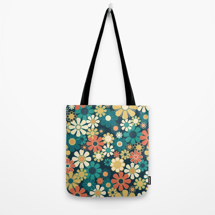 Pretty Groovy Retro Garden 60s 70s Aesthetic Floral Pattern Blue Orange Mustard Teal Tote Bag Gallery Image 2