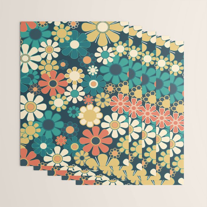 Pretty Groovy Retro Garden 60s 70s Aesthetic Floral Pattern Blue Orange Mustard Teal Wrapping Paper Gallery Image 3