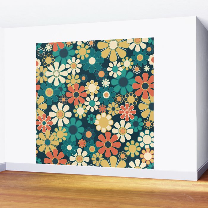 Pretty Groovy Retro Garden 60s 70s Aesthetic Floral Pattern Blue Orange Mustard Teal Wall Mural Gallery Image 2