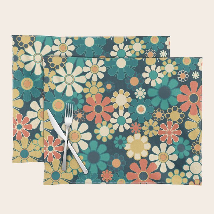 Pretty Groovy Retro Garden 60s 70s Aesthetic Floral Pattern Blue Orange Mustard Teal Placemat Gallery Image 1