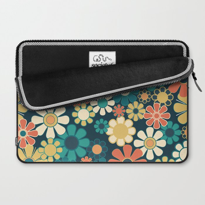 Pretty Groovy Retro Garden 60s 70s Aesthetic Floral Pattern Blue Orange Mustard Teal Laptop Sleeve Gallery Image 2