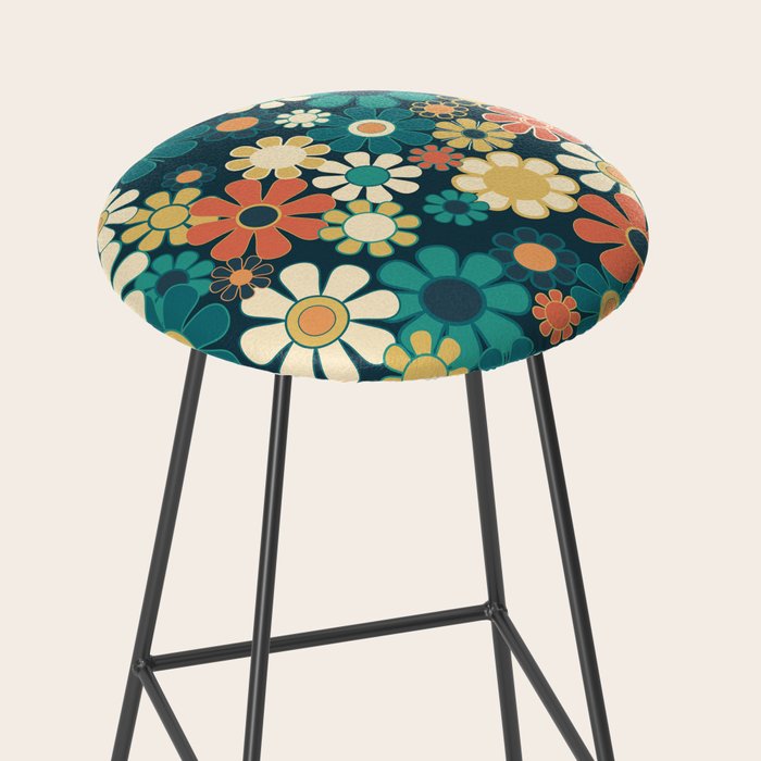 Pretty Groovy Retro Garden 60s 70s Aesthetic Floral Pattern Blue Orange Mustard Teal Stool Gallery Image 2