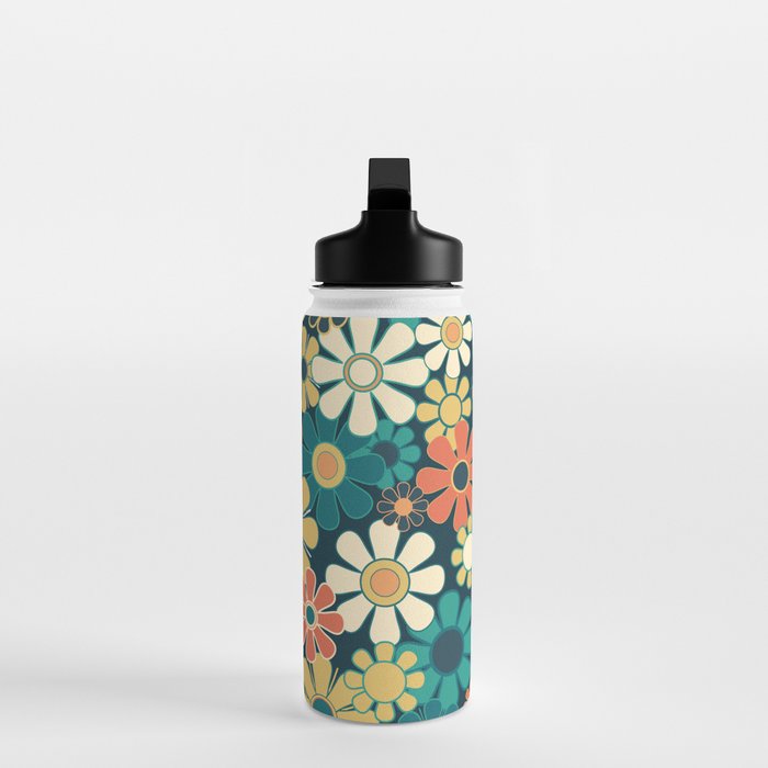 Pretty Groovy Retro Garden 60s 70s Aesthetic Floral Pattern Blue Orange Mustard Teal Water Bottle Gallery Image 3