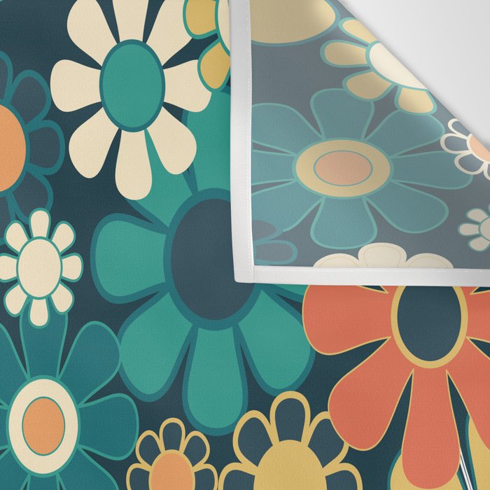 Pretty Groovy Retro Garden 60s 70s Aesthetic Floral Pattern Blue Orange Mustard Teal Wall Tapestry Gallery Image 3