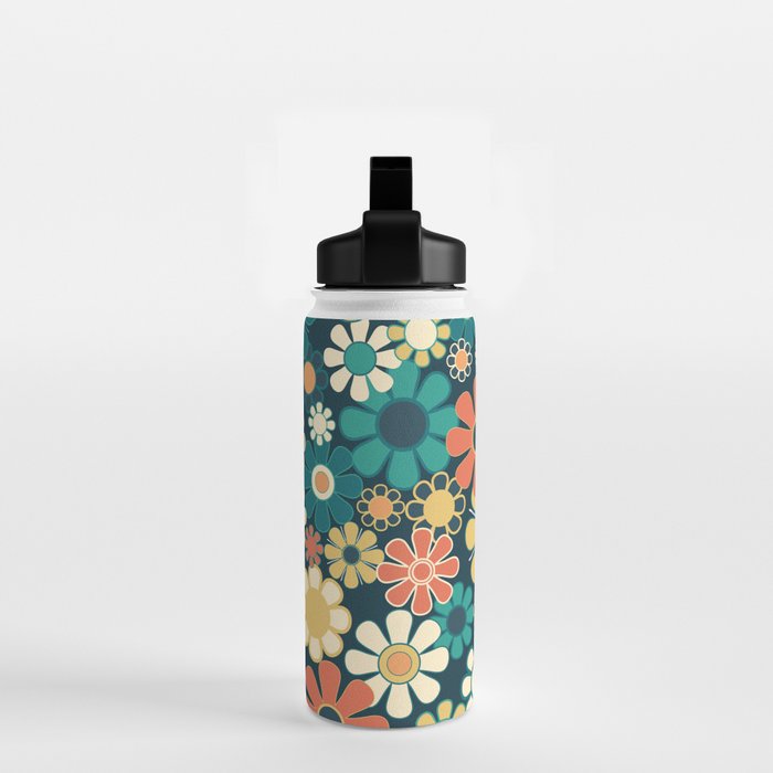 Pretty Groovy Retro Garden 60s 70s Aesthetic Floral Pattern Blue Orange Mustard Teal Water Bottle Gallery Image 2