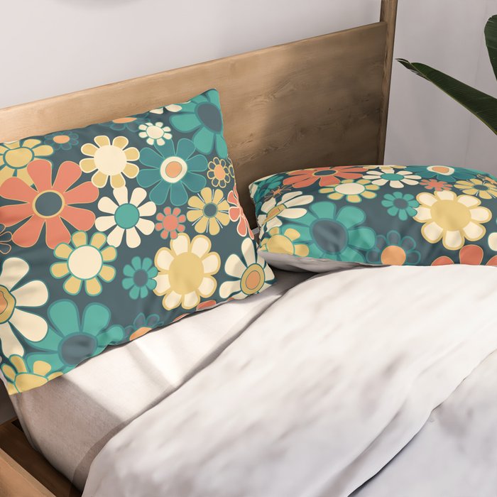 Pretty Groovy Retro Garden 60s 70s Aesthetic Floral Pattern Blue Orange Mustard Teal Pillow Sham Gallery Image 2