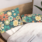 Pretty Groovy Retro Garden 60s 70s Aesthetic Floral Pattern Blue Orange Mustard Teal Pillow Sham Gallery Image 2