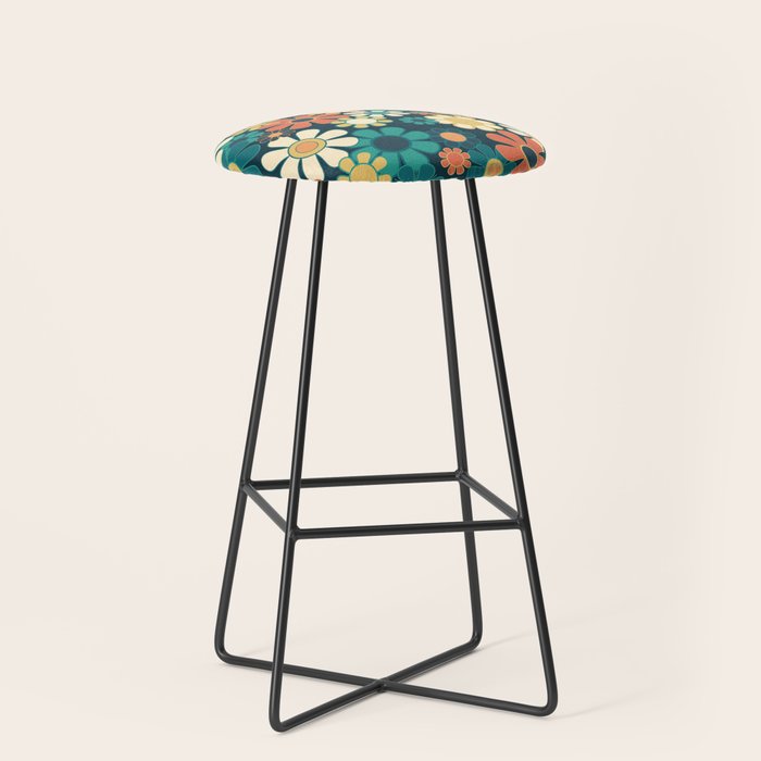 Pretty Groovy Retro Garden 60s 70s Aesthetic Floral Pattern Blue Orange Mustard Teal Stool Gallery Image 1
