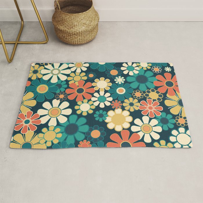 Pretty Groovy Retro Garden 60s 70s Aesthetic Floral Pattern Blue Orange Mustard Teal Rug Gallery Image 1