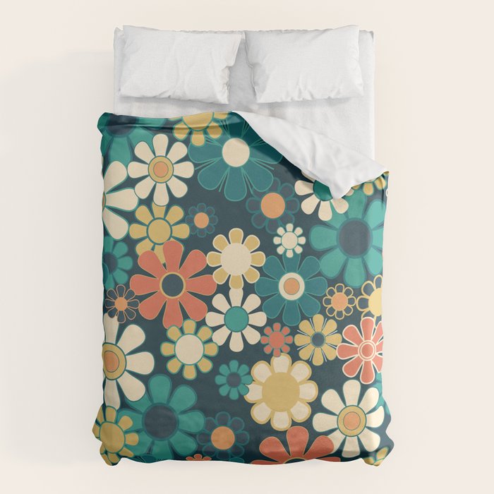 Pretty Groovy Retro Garden 60s 70s Aesthetic Floral Pattern Blue Orange Mustard Teal Duvet Cover Gallery Image 6
