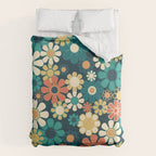 Pretty Groovy Retro Garden 60s 70s Aesthetic Floral Pattern Blue Orange Mustard Teal Duvet Cover Gallery Image 6
