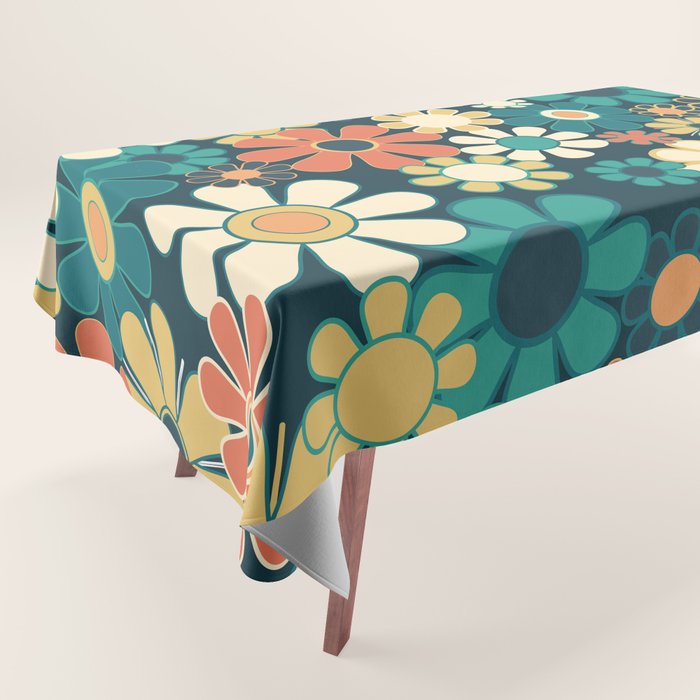 Pretty Groovy Retro Garden 60s 70s Aesthetic Floral Pattern Blue Orange Mustard Teal Tablecloth Gallery Image 1