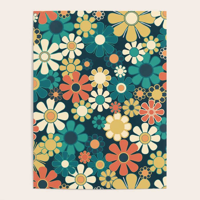 Pretty Groovy Retro Garden 60s 70s Aesthetic Floral Pattern Blue Orange Mustard Teal Poster Gallery Image 4