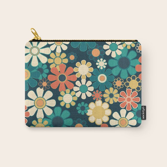 Pretty Groovy Retro Garden 60s 70s Aesthetic Floral Pattern Blue Orange Mustard Teal Carry All Pouch Gallery Image 1