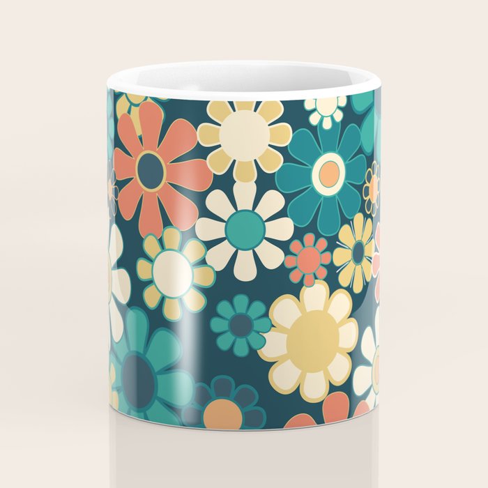 Pretty Groovy Retro Garden 60s 70s Aesthetic Floral Pattern Blue Orange Mustard Teal Coffee Mug Gallery Image 4