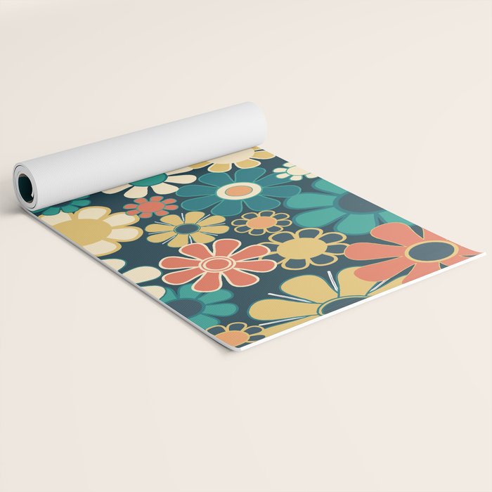 Pretty Groovy Retro Garden 60s 70s Aesthetic Floral Pattern Blue Orange Mustard Teal Yoga Mat Gallery Image 2