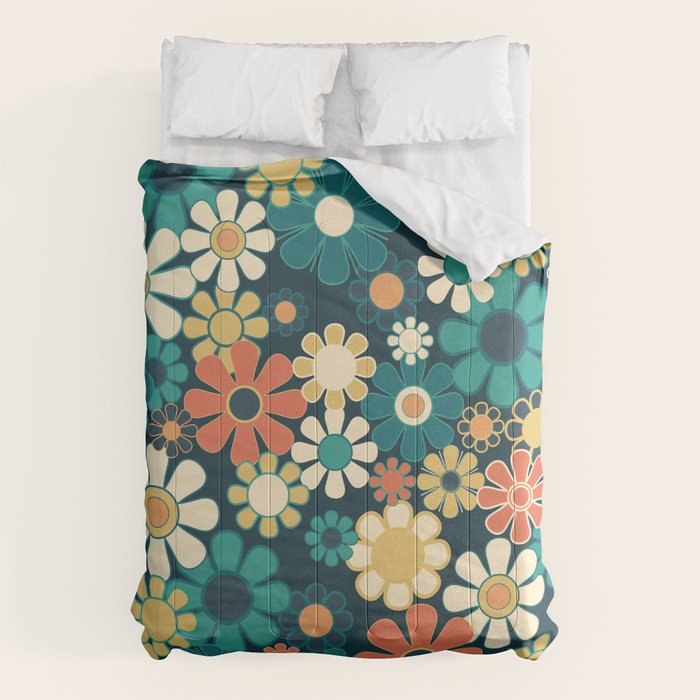 Pretty Groovy Retro Garden 60s 70s Aesthetic Floral Pattern Blue Orange Mustard Teal Comforter Gallery Image 6