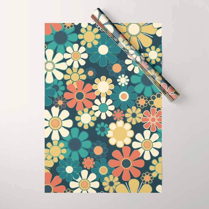 Pretty Groovy Retro Garden 60s 70s Aesthetic Floral Pattern Blue Orange Mustard Teal Wrapping Paper Gallery Image 1