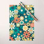 Pretty Groovy Retro Garden 60s 70s Aesthetic Floral Pattern Blue Orange Mustard Teal Wrapping Paper Gallery Image 1