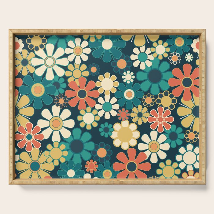 Pretty Groovy Retro Garden 60s 70s Aesthetic Floral Pattern Blue Orange Mustard Teal Serving Tray Gallery Image 1