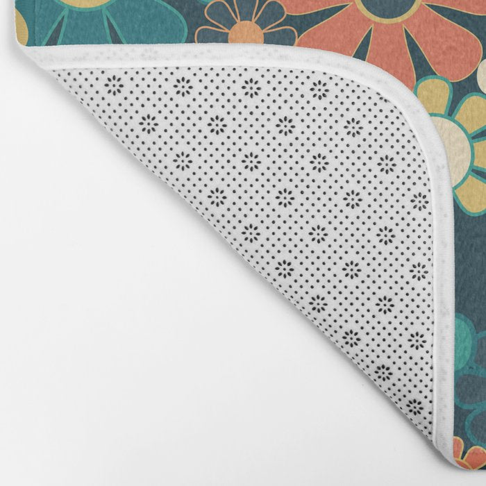 Pretty Groovy Retro Garden 60s 70s Aesthetic Floral Pattern Blue Orange Mustard Teal Bath Mat Gallery Image 2