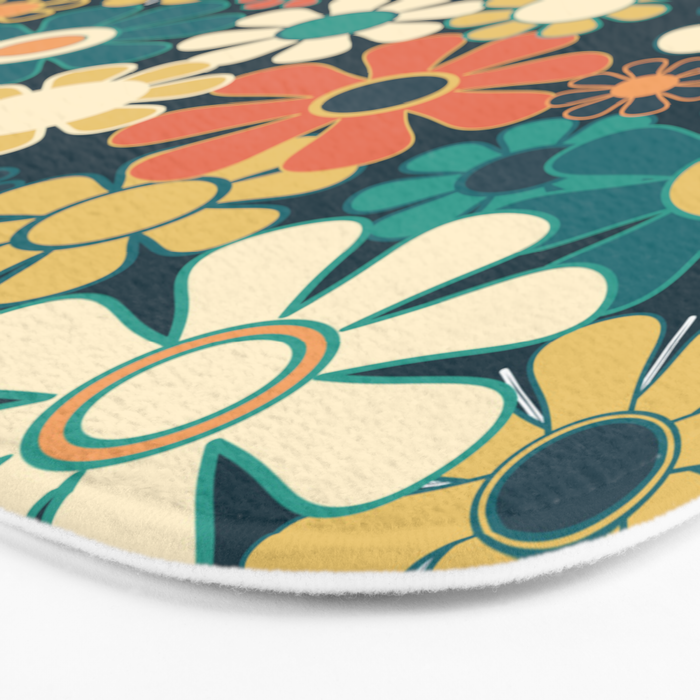 Pretty Groovy Retro Garden 60s 70s Aesthetic Floral Pattern Blue Orange Mustard Teal Bath Mat Gallery Image 3