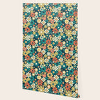 Pretty Groovy Retro Garden 60s 70s Aesthetic Floral Pattern Blue Orange Mustard Teal Wallpaper Gallery Image 2