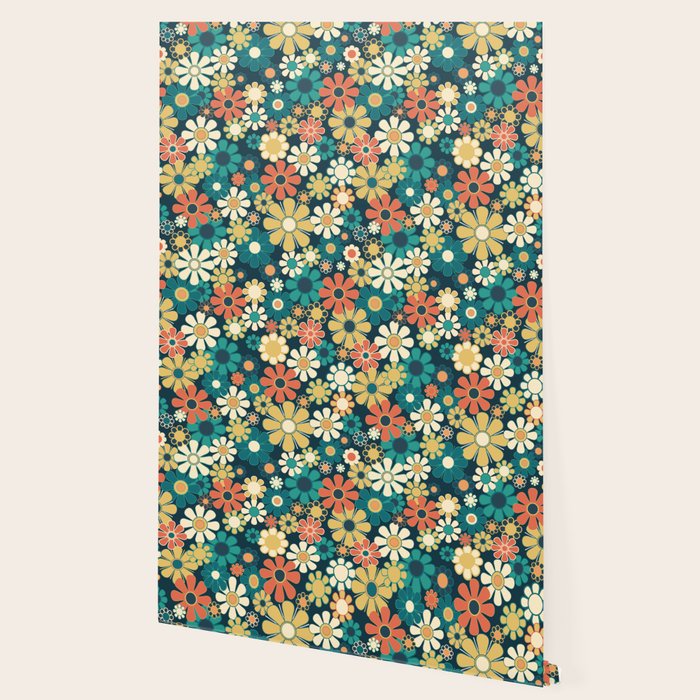 Pretty Groovy Retro Garden 60s 70s Aesthetic Floral Pattern Blue Orange Mustard Teal Wallpaper Gallery Image 2